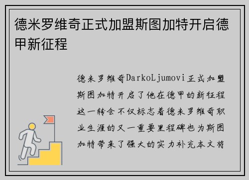 德米罗维奇正式加盟斯图加特开启德甲新征程